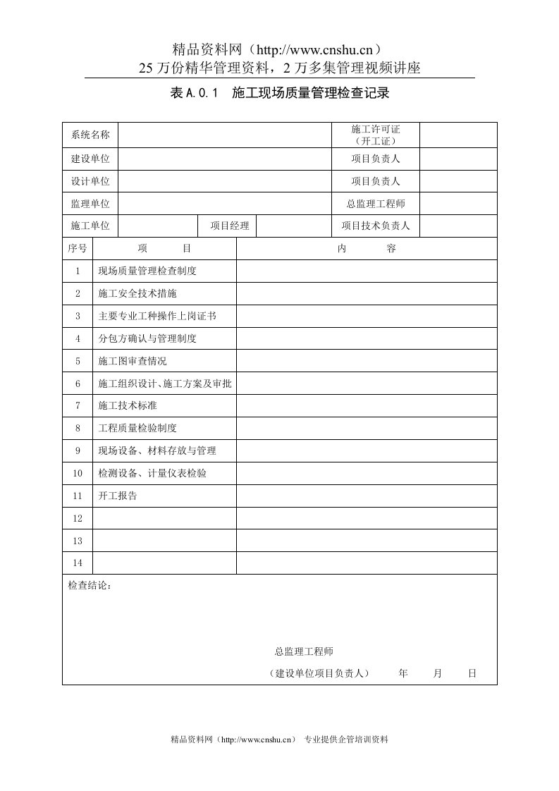 表A.0.1施工现场质量管理检查记录