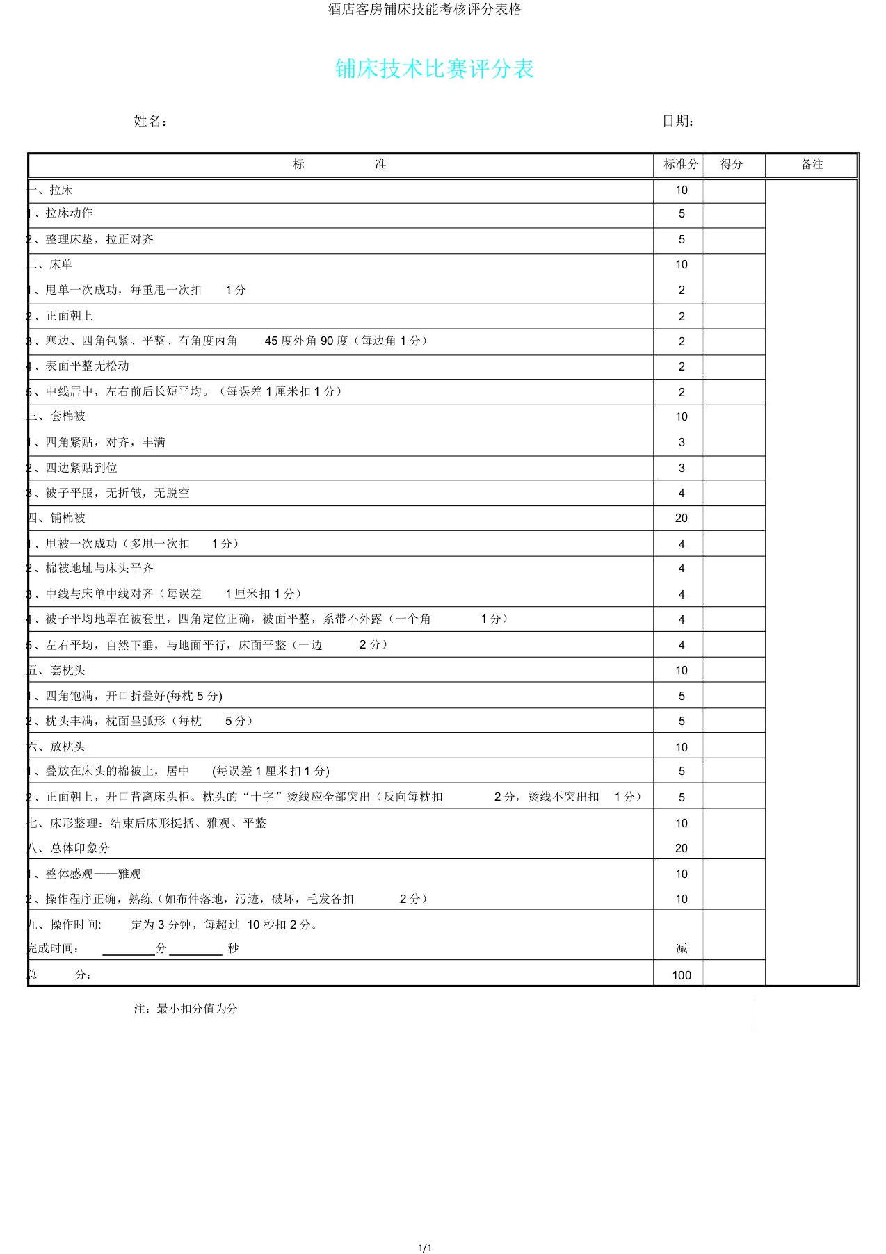 酒店客房铺床技能考核评分表格