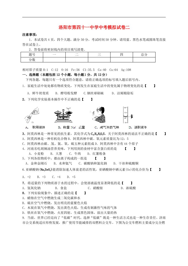 河南省洛阳市第四十一中学中考化学模拟试题（二）