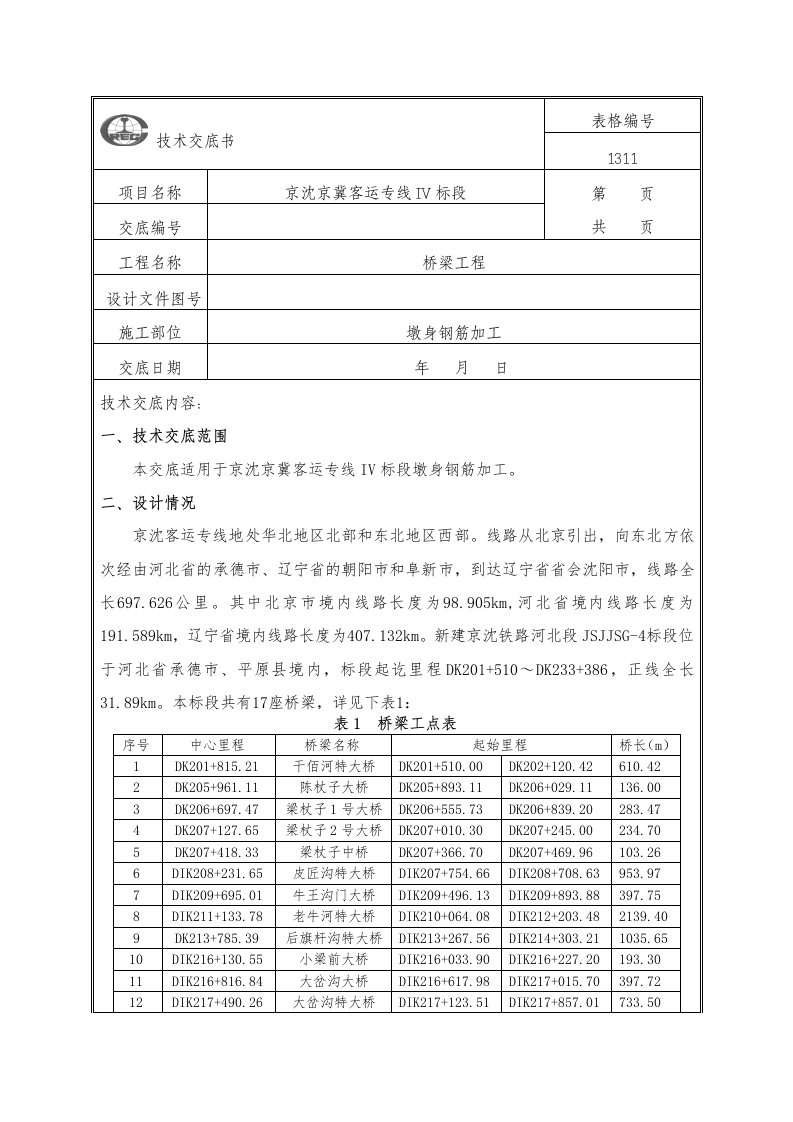 墩身钢筋加工技术交底