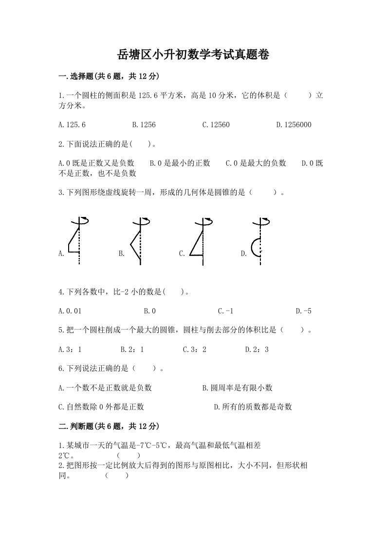 岳塘区小升初数学考试真题卷推荐