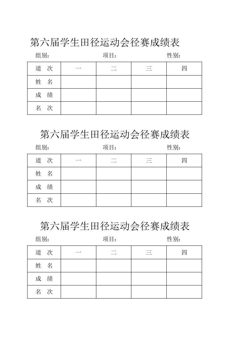 第六届学生田径运动会径赛成绩表1