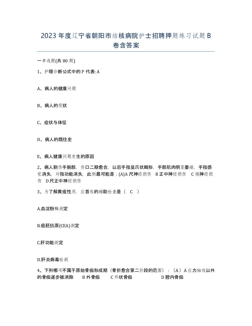 2023年度辽宁省朝阳市结核病院护士招聘押题练习试题B卷含答案