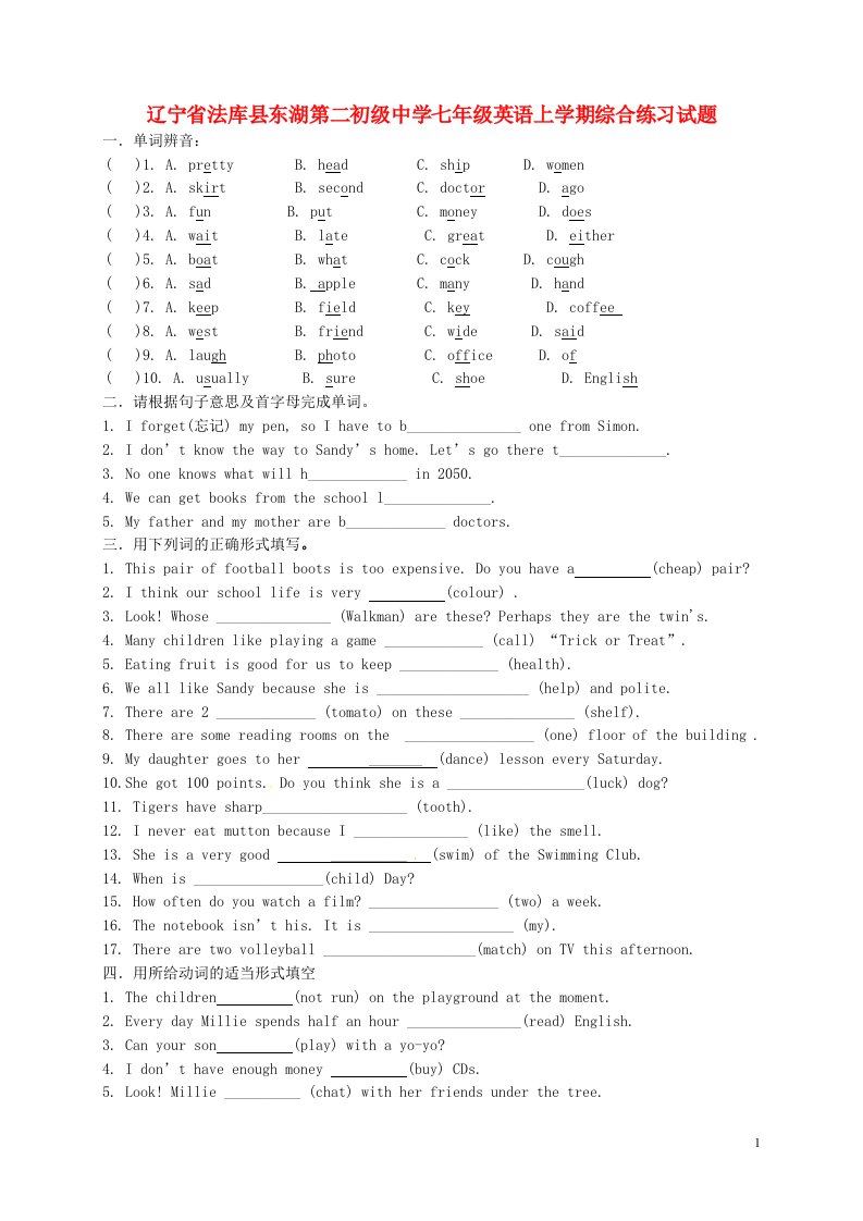 辽宁省法库县东湖第二初级中学七级英语上学期综合练习试题（无答案）