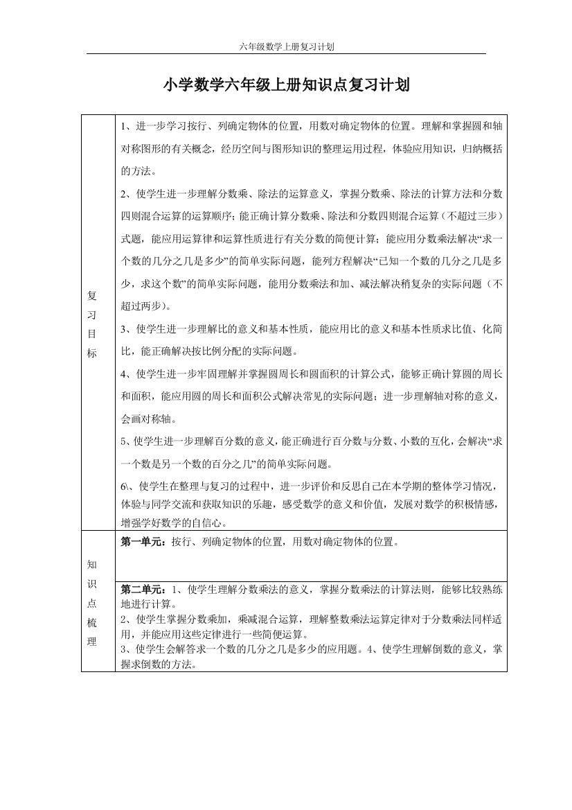 教辅—--六年级数学上册复习计划