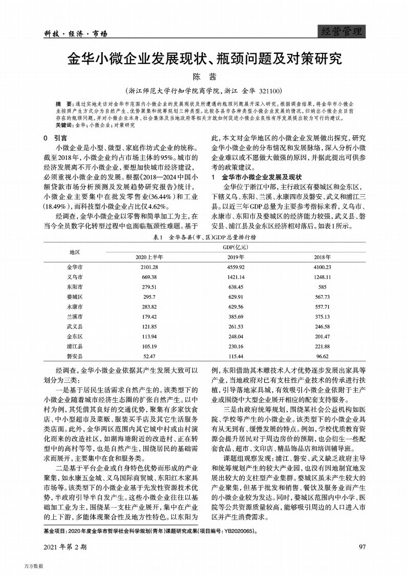 金华小微企业发展现状、瓶颈问题及对策研究