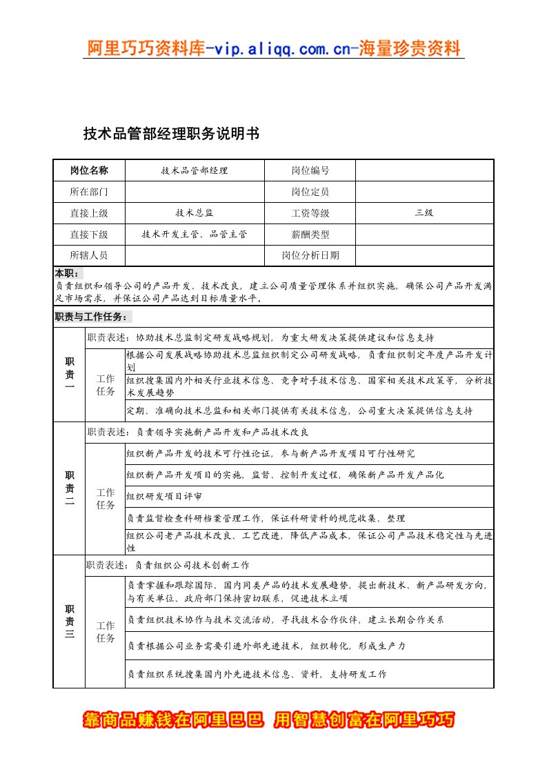 宁波华能贸易公司技术品管部经理职务说明书