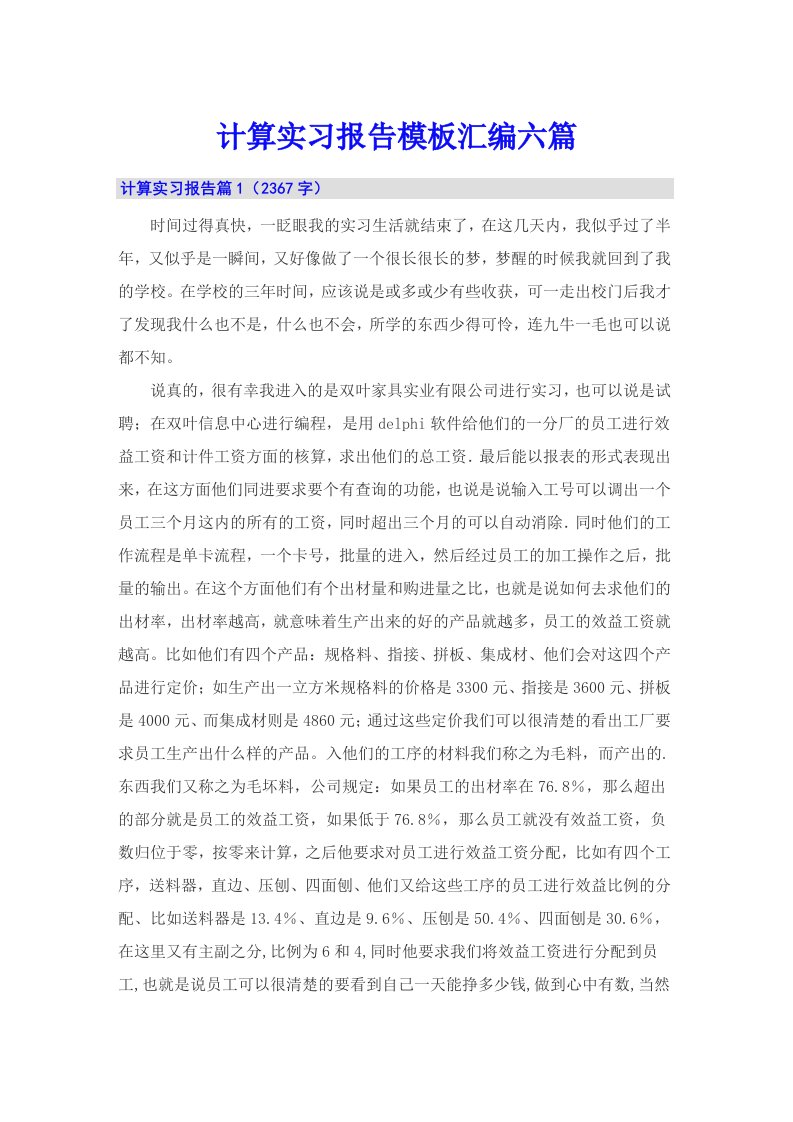 计算实习报告模板汇编六篇