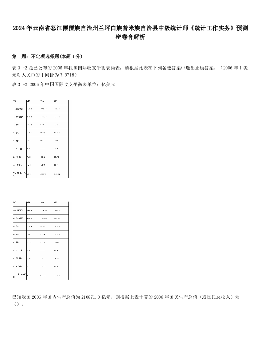 2024年云南省怒江傈僳族自治州兰坪白族普米族自治县中级统计师《统计工作实务》预测密卷含解析