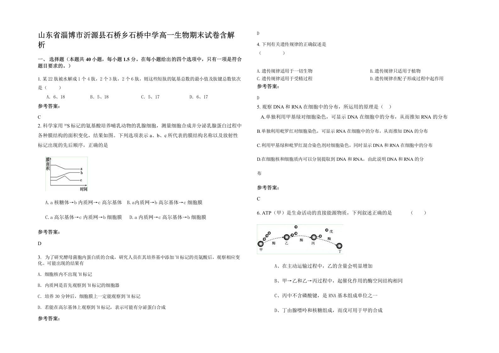 山东省淄博市沂源县石桥乡石桥中学高一生物期末试卷含解析