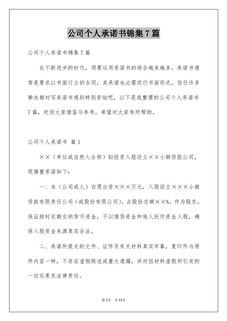 公司个人承诺书锦集7篇