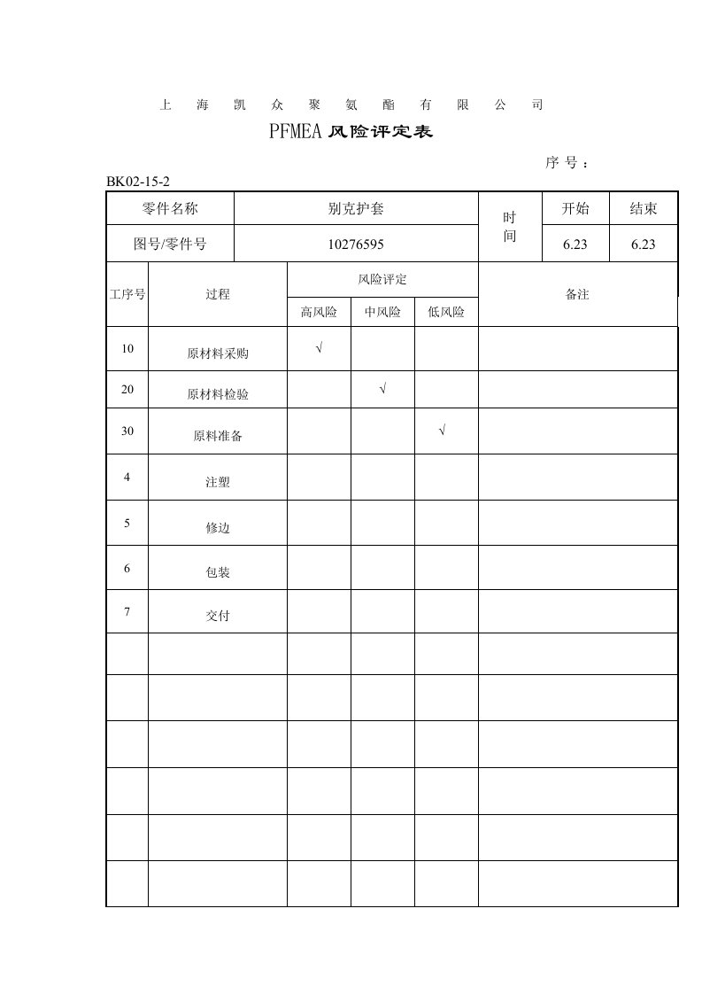 某公司APQP认证样本PFMEA风险评定表