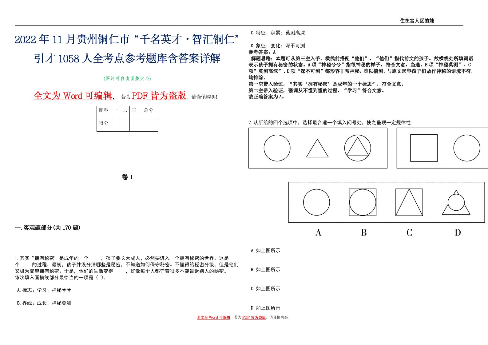 2022年11月贵州铜仁市“千名英才·智汇铜仁”引才1058人全考点参考题库含答案详解