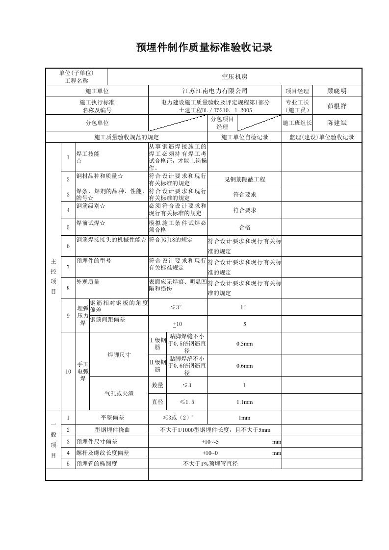 预埋件制作、焊接检验批质量验收记录