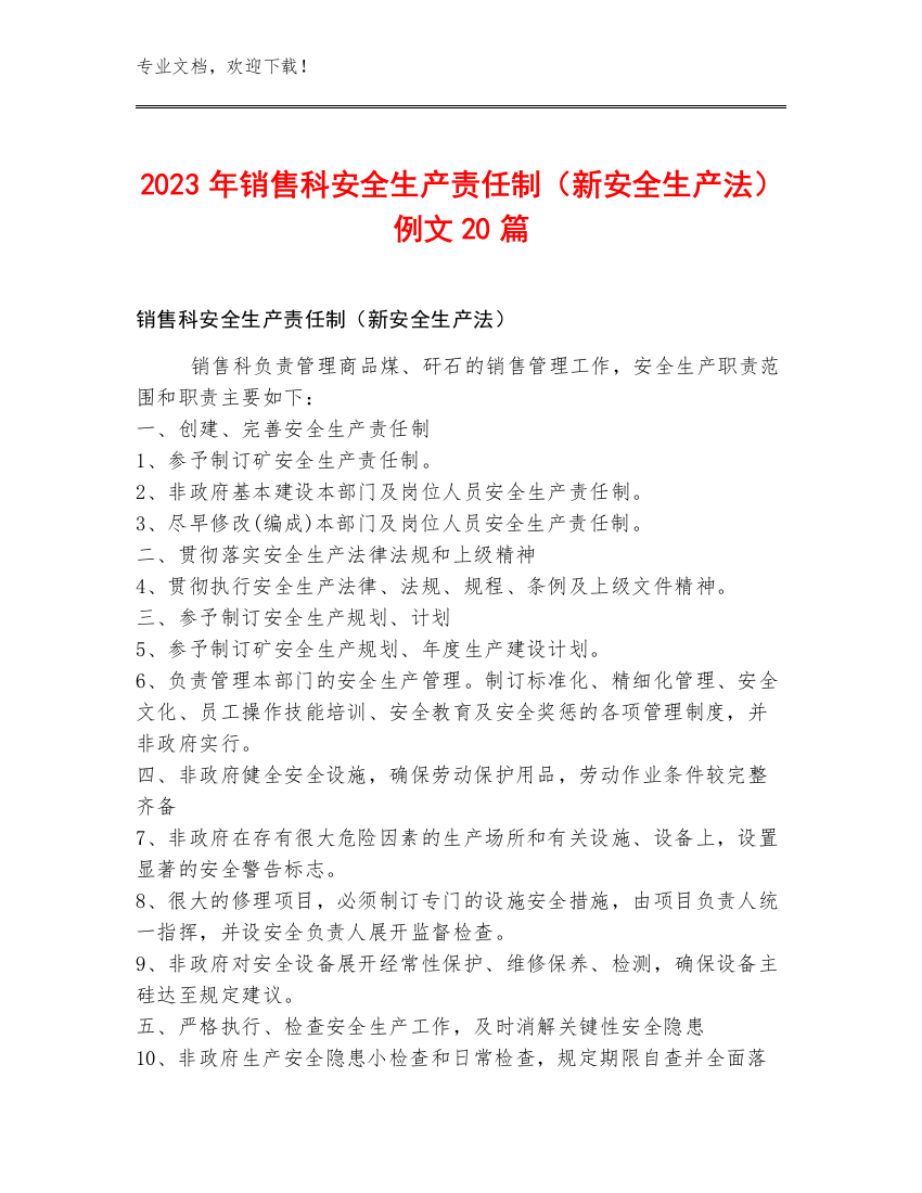 2023年销售科安全生产责任制（新安全生产法）例文20篇