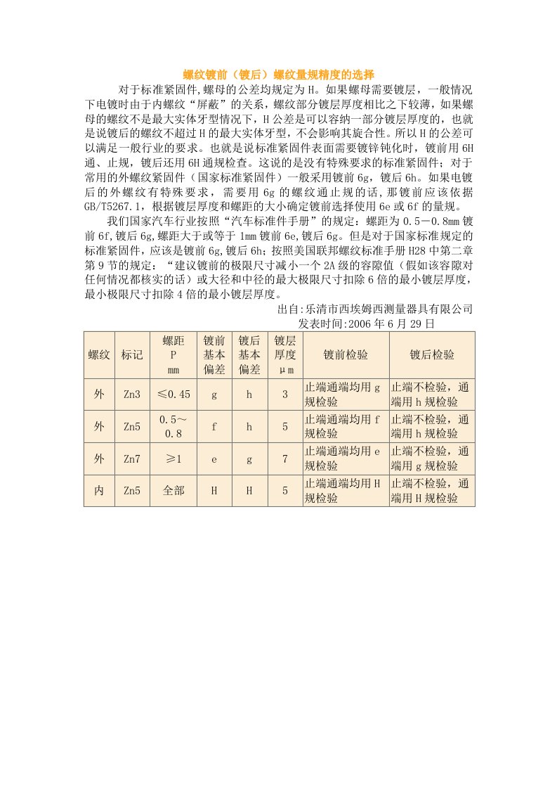 螺纹镀前（镀后）螺纹量规精度的选择