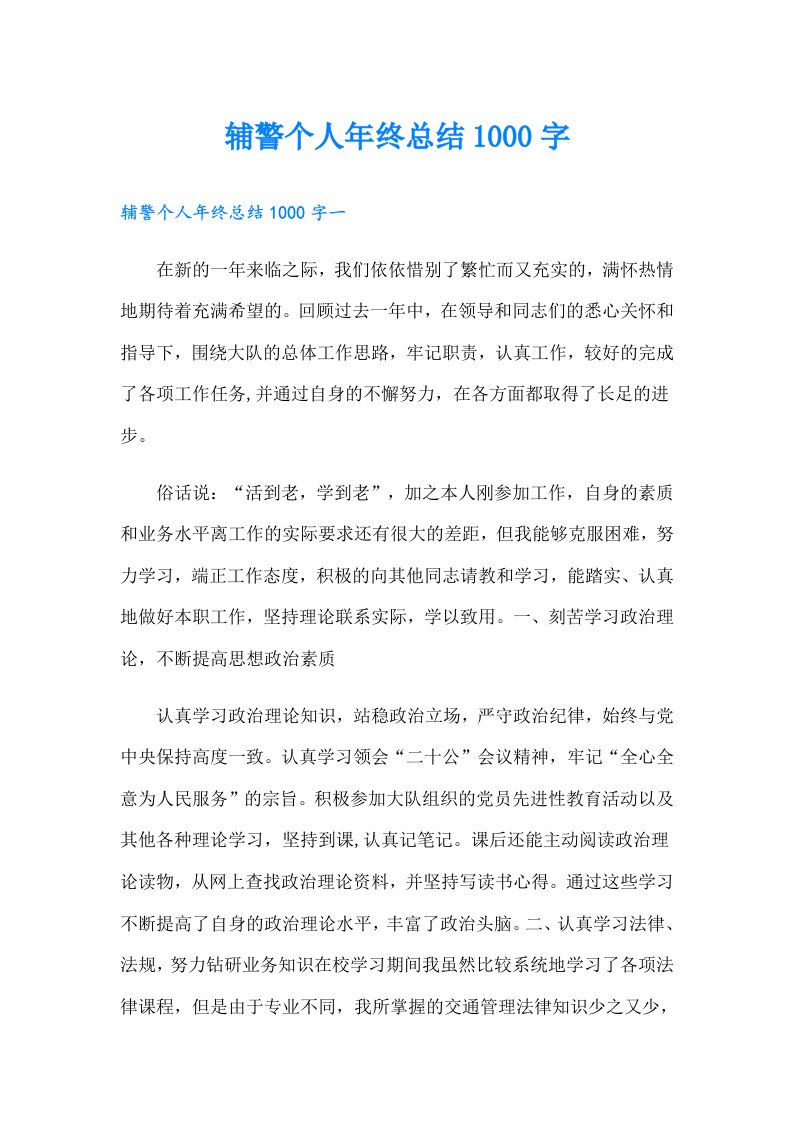 辅警个人年终总结1000字