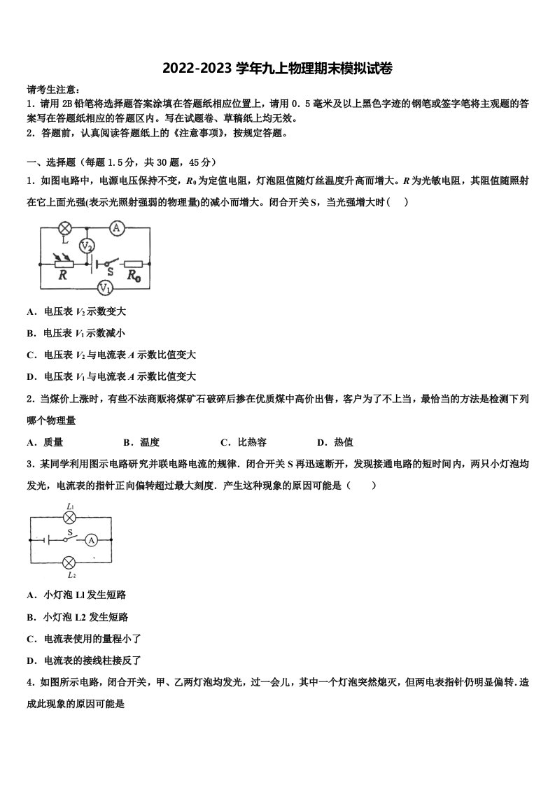 2023届安徽省砀山县九年级物理第一学期期末联考模拟试题含解析