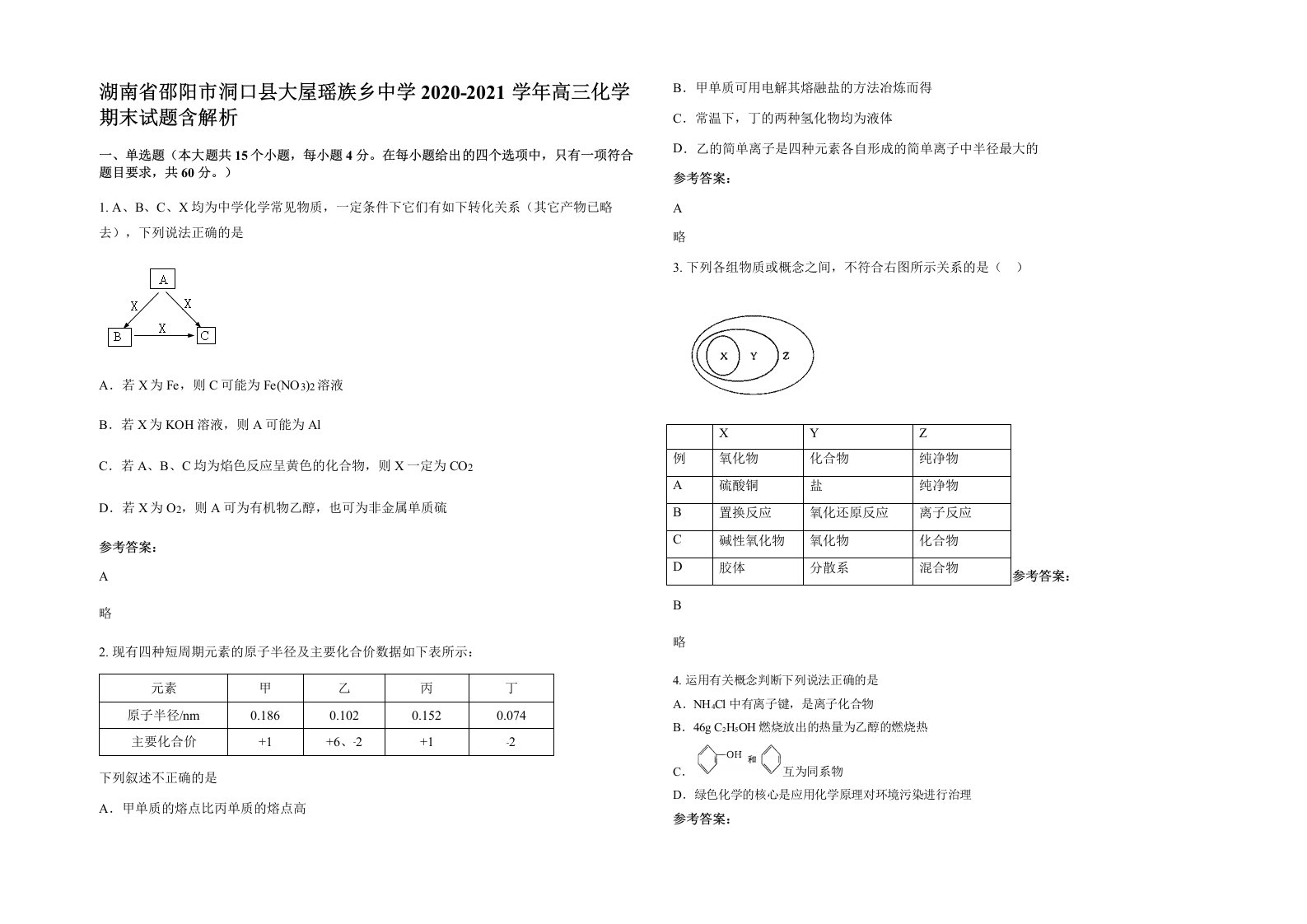 湖南省邵阳市洞口县大屋瑶族乡中学2020-2021学年高三化学期末试题含解析