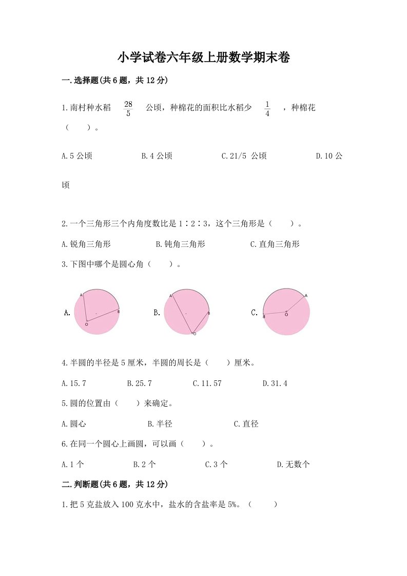 小学试卷六年级上册数学期末卷【各地真题】