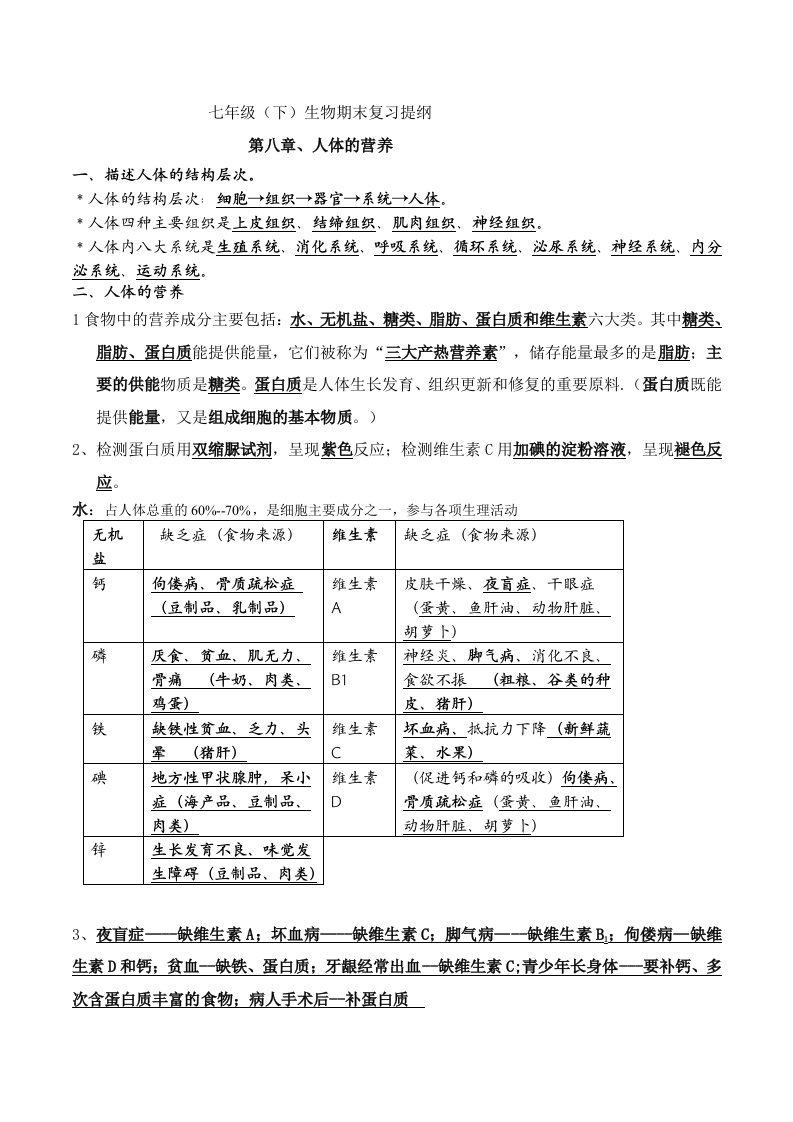 北师大版生物七年级下册知识点总结期末复习资料