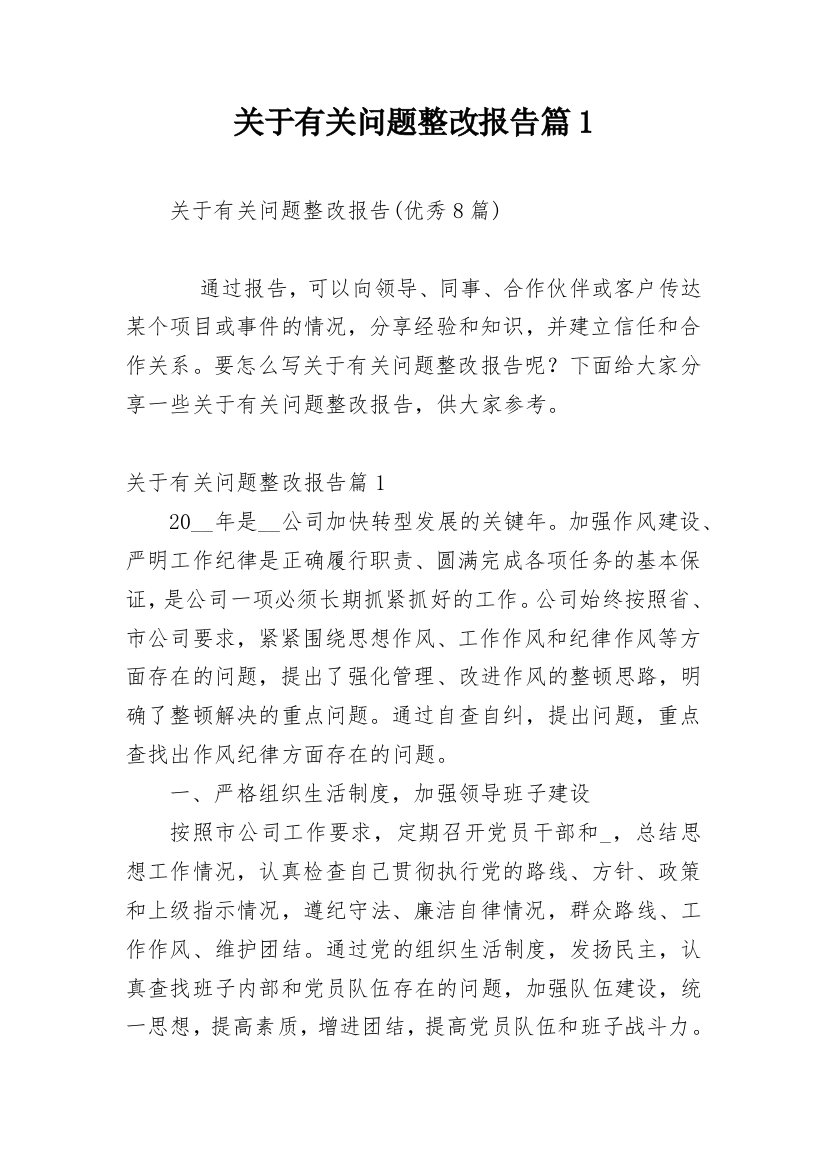 关于有关问题整改报告篇1