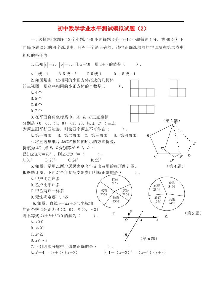 山东省临淄外国语实验学校中考数学模拟考试试题（2）