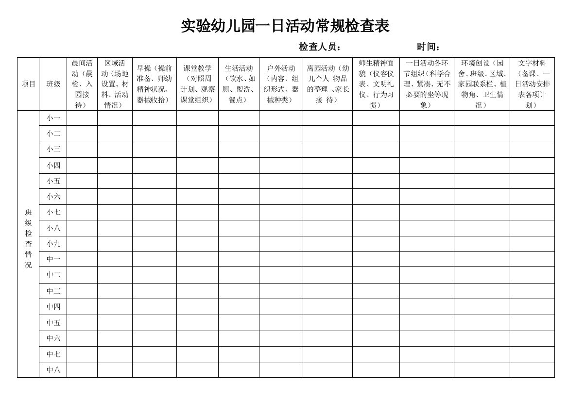 实验幼儿园一日活动常规检查表试卷教案