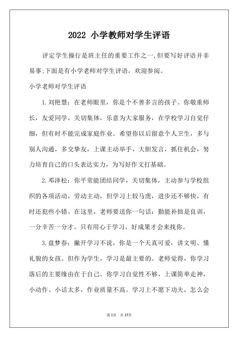 2022年小学教师对学生评语