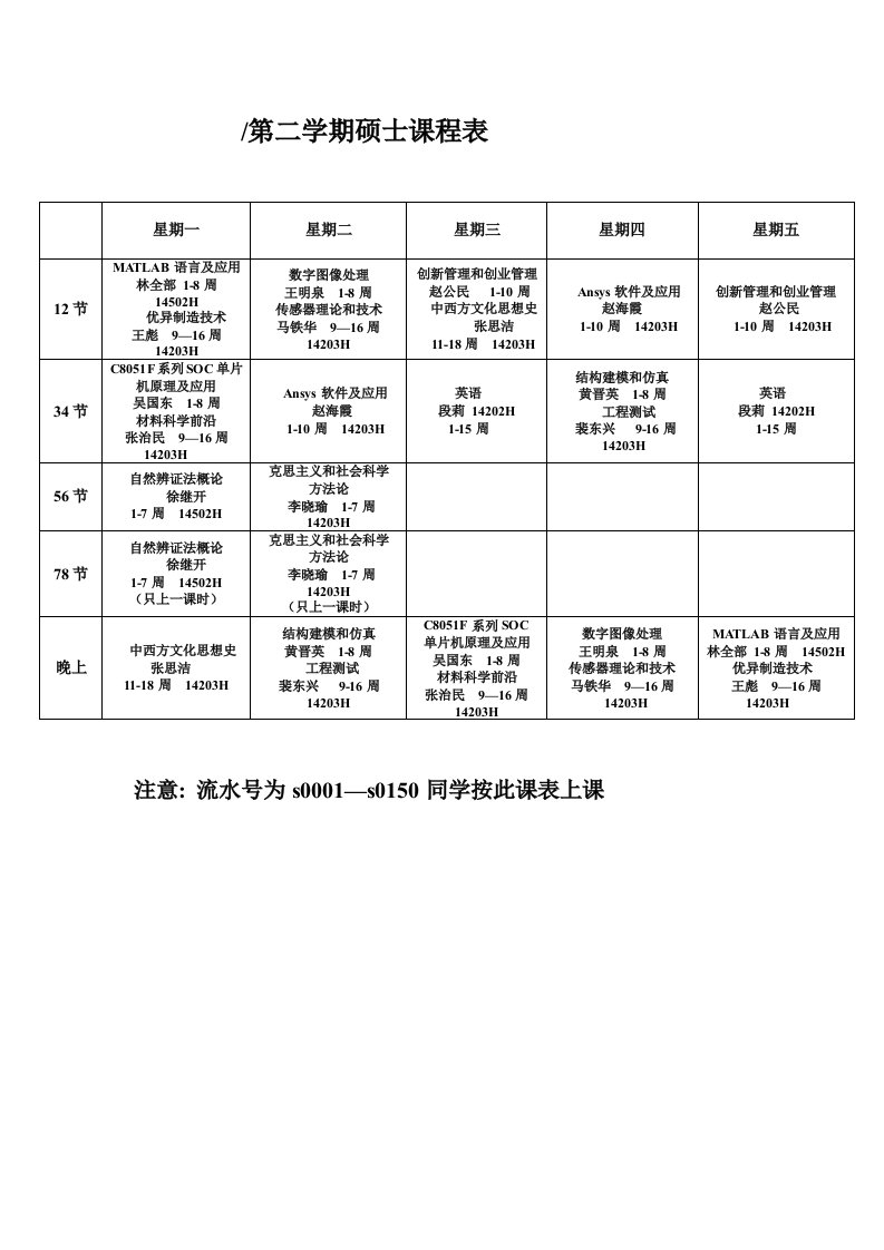 级中北大学研究生下学期课程表样稿