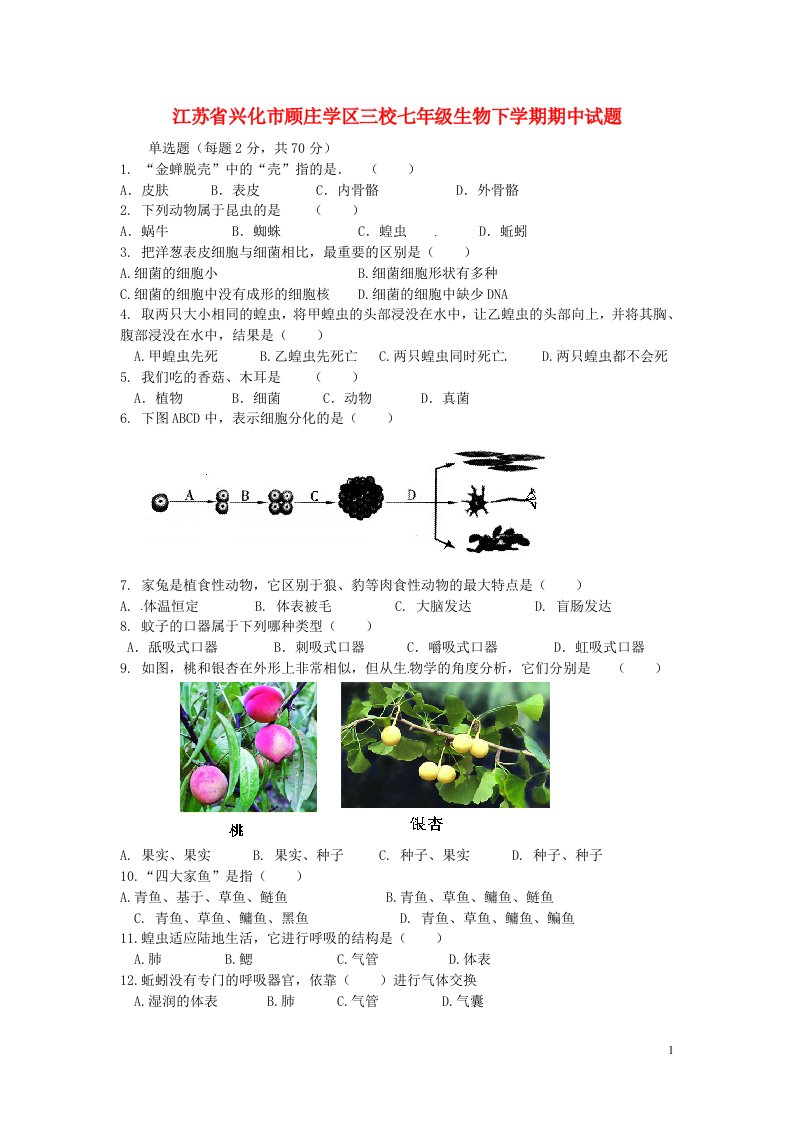 江苏省兴化市顾庄学区三校七级生物下学期期中试题