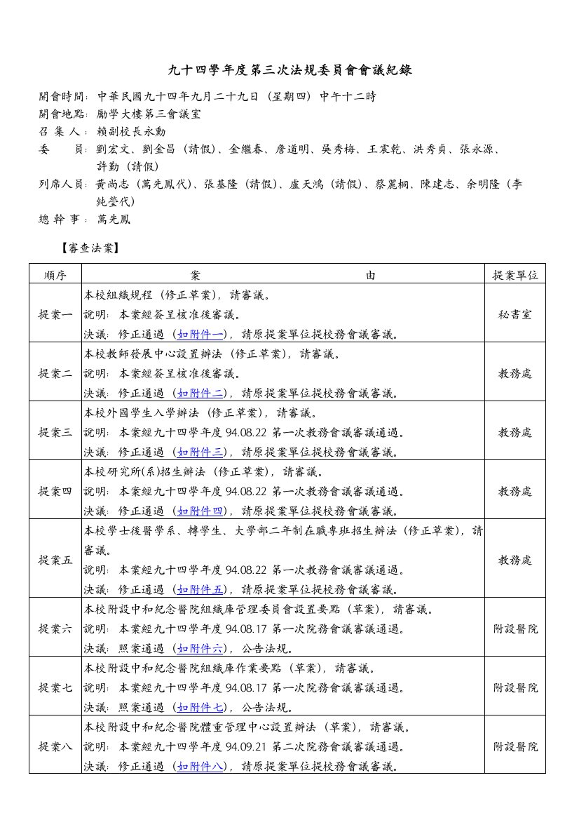 九十四学年度第三次法规委员会会议纪录