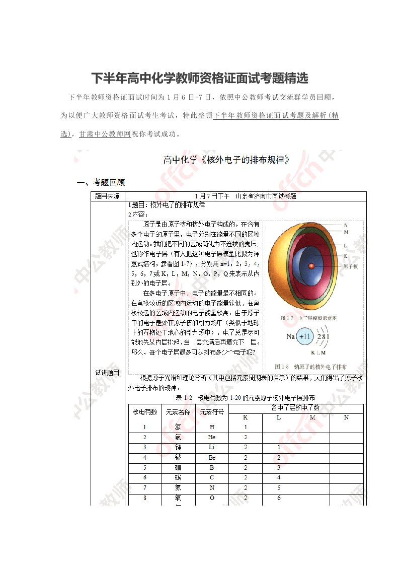 2022年下半年高中化学教师资格证面试考题精选