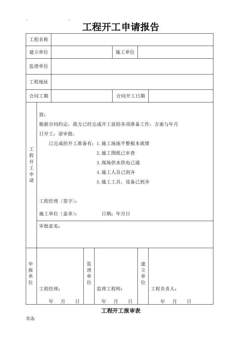 开工报告表格