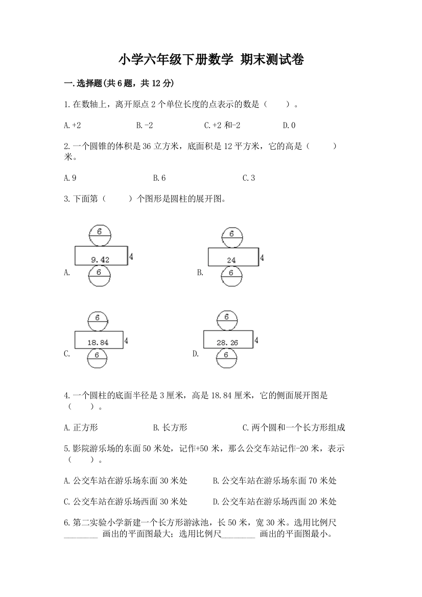 小学六年级下册数学-期末测试卷(网校专用)word版