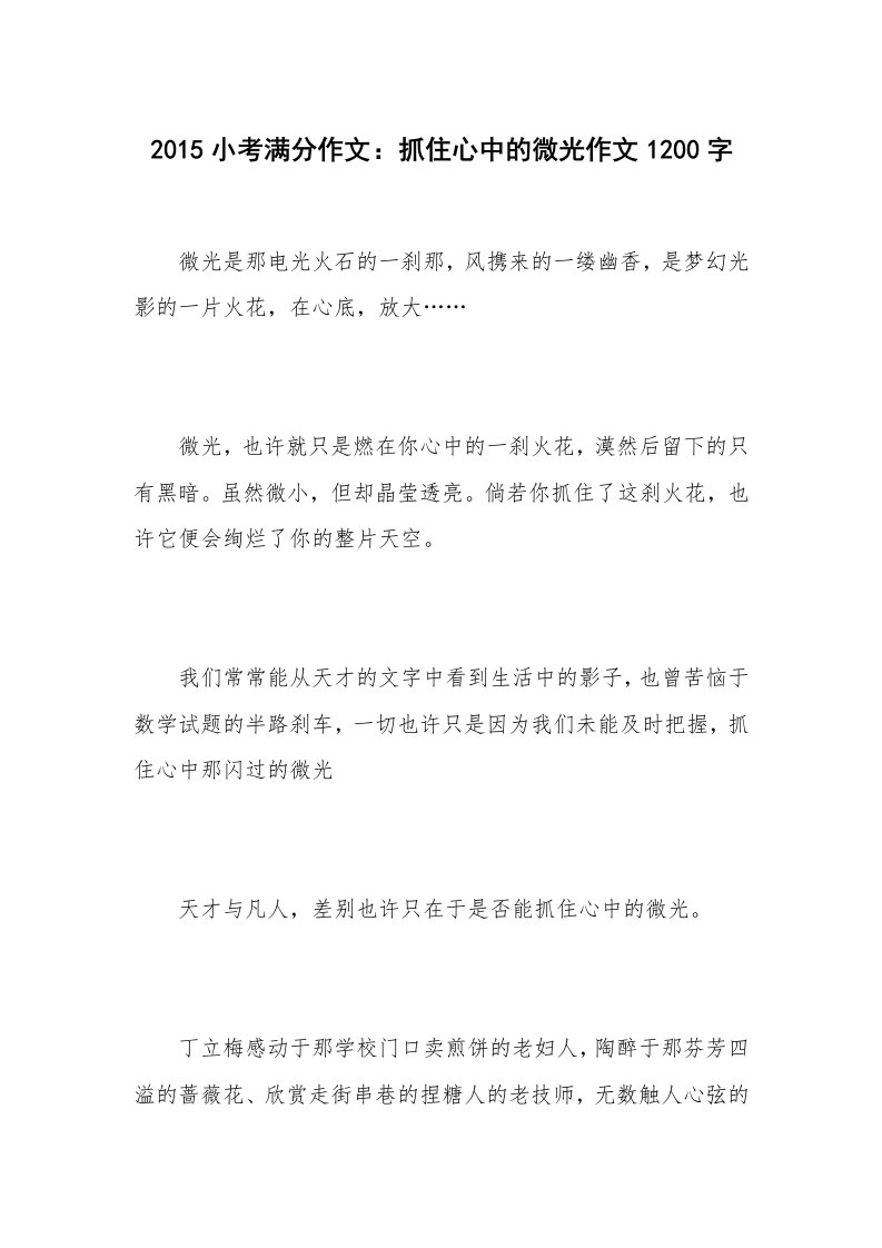 2015小考满分作文：抓住心中的微光作文1200字