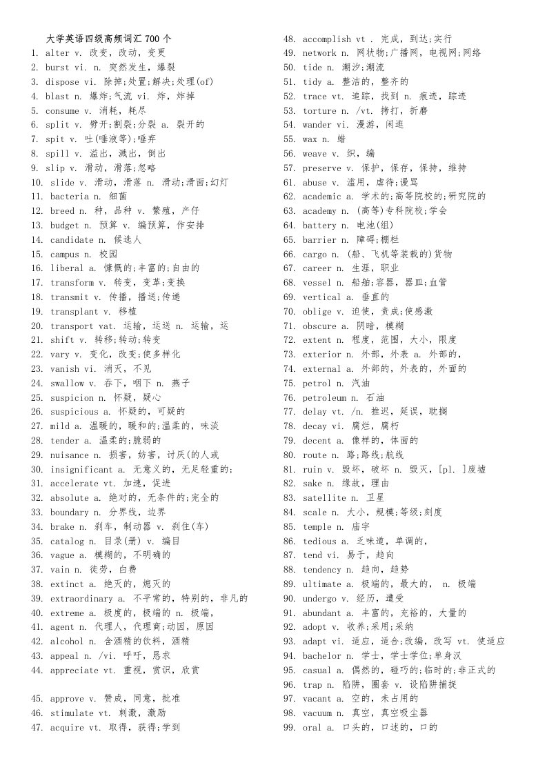 大学英语四级高频词汇700个100个常考短语