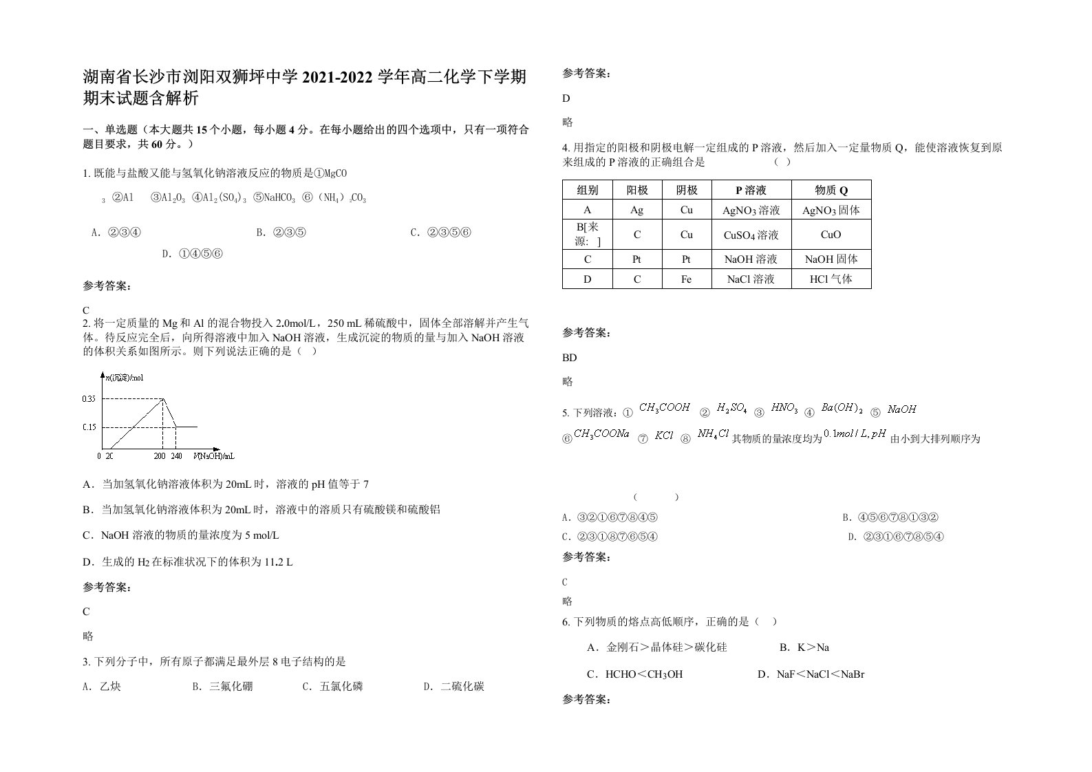 湖南省长沙市浏阳双狮坪中学2021-2022学年高二化学下学期期末试题含解析