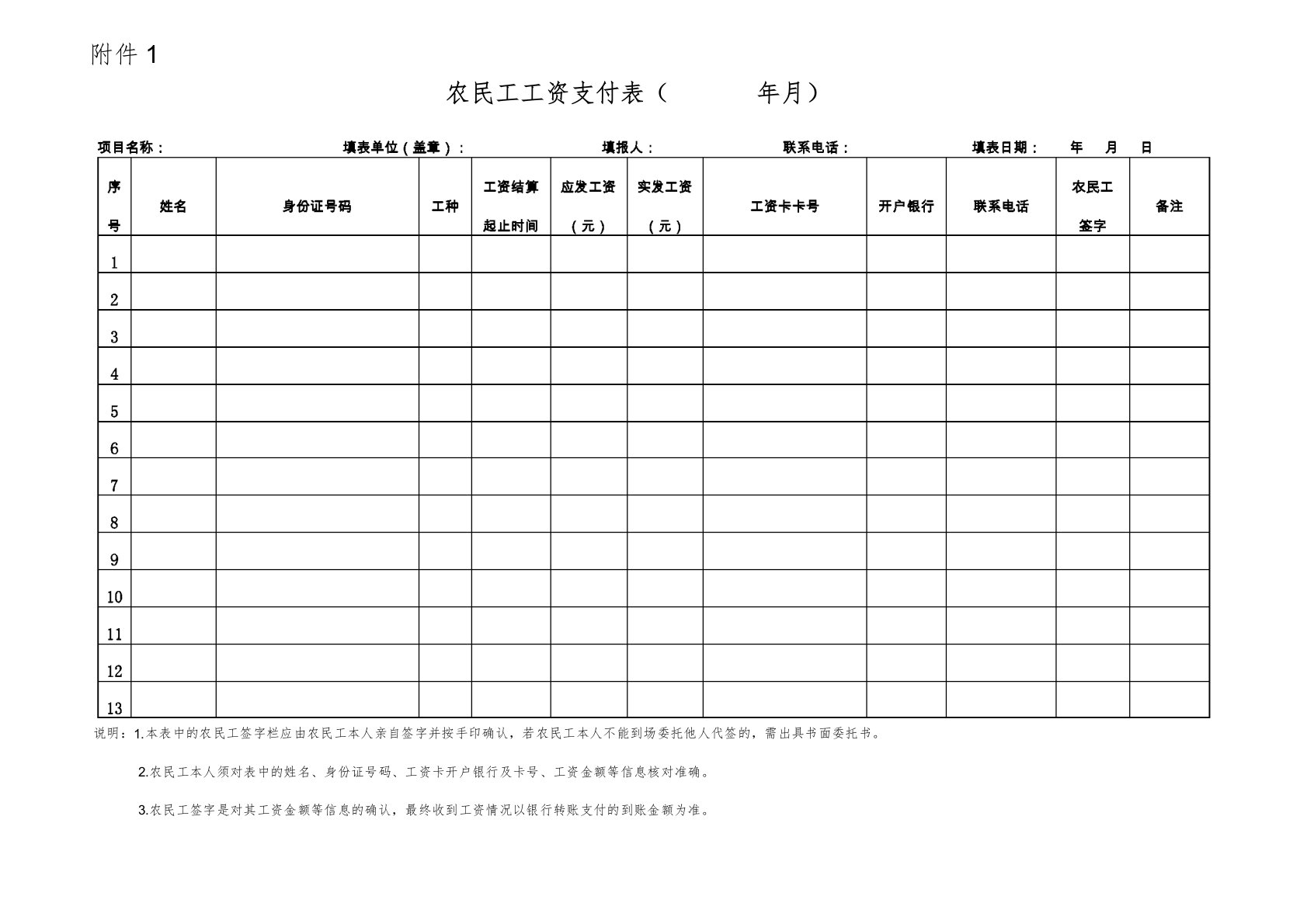 农民工工资支付表