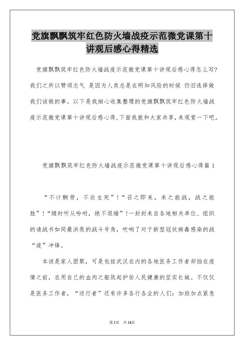 党旗飘飘筑牢红色防火墙战疫示范微党课第十讲观后感心得精选