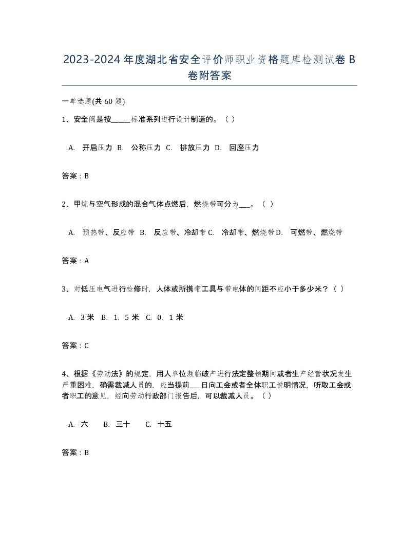 2023-2024年度湖北省安全评价师职业资格题库检测试卷B卷附答案