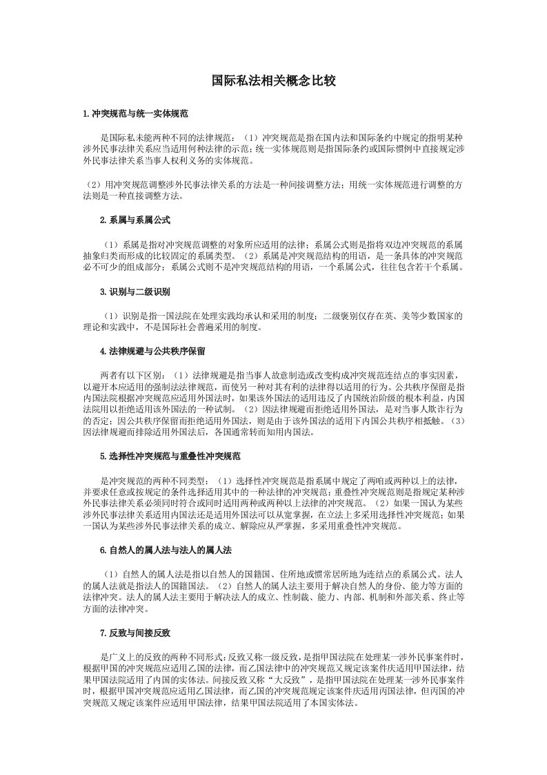 国际私法相关概念比较