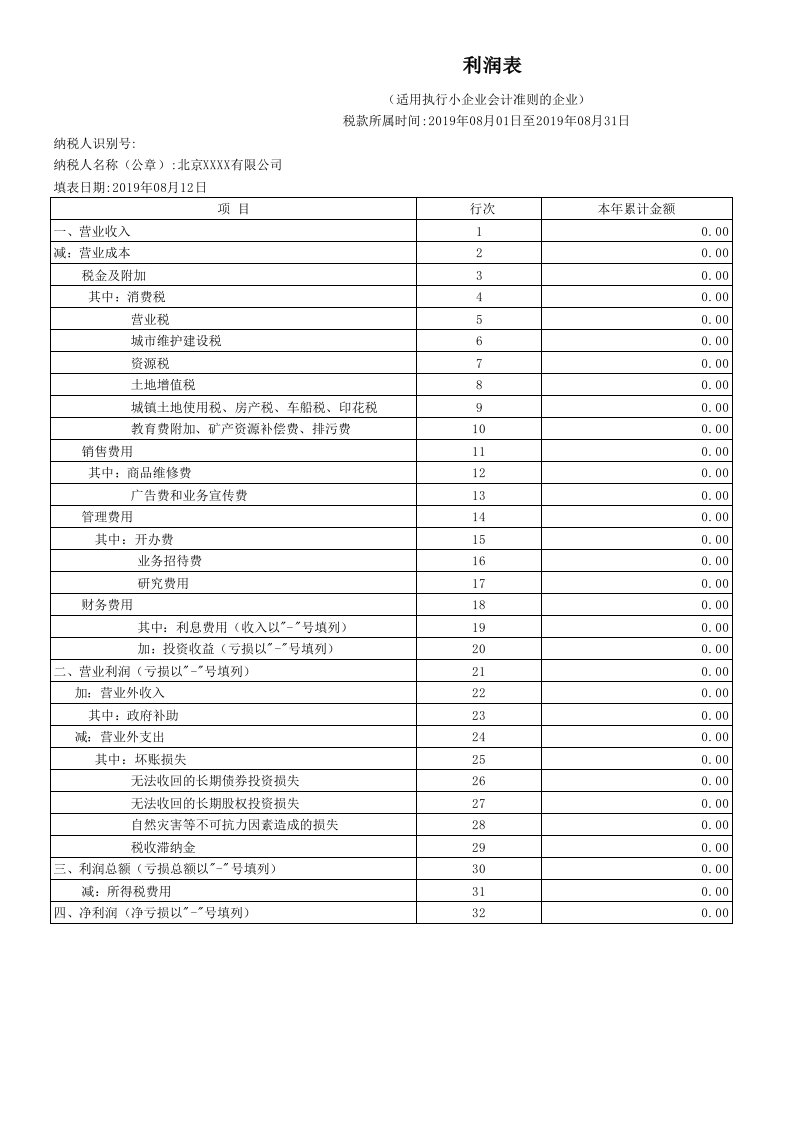 2019年新版企业财务报表——利润表