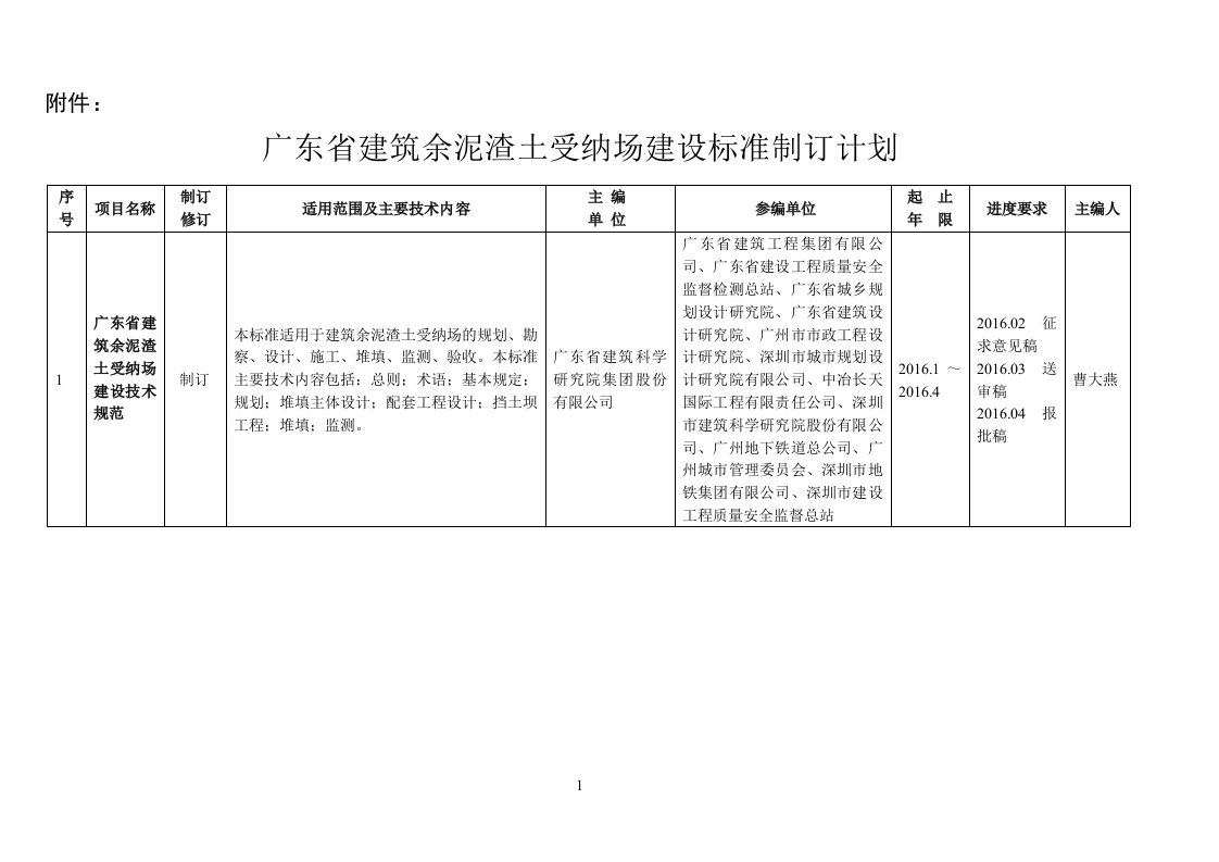 附件：广东省建筑余泥渣土受纳场建设标准制订计划