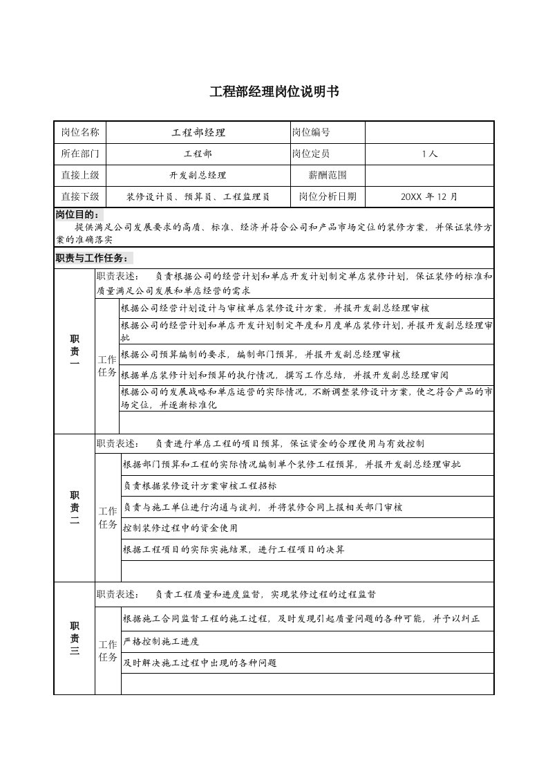 餐饮管理-餐饮企业工程部经理岗位说明书