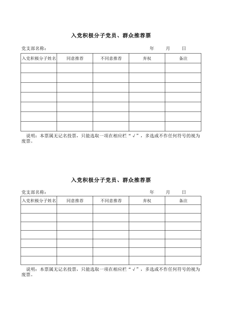 入党积极分子党员、群众推荐票