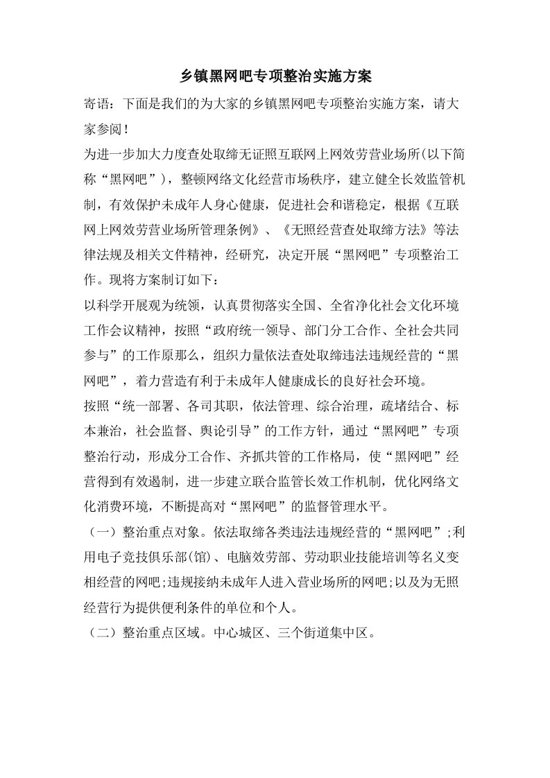 乡镇黑网吧专项整治实施方案