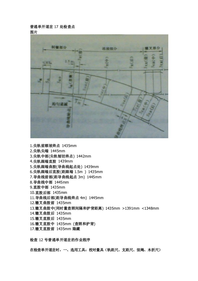 普通单开道岔17处检查点