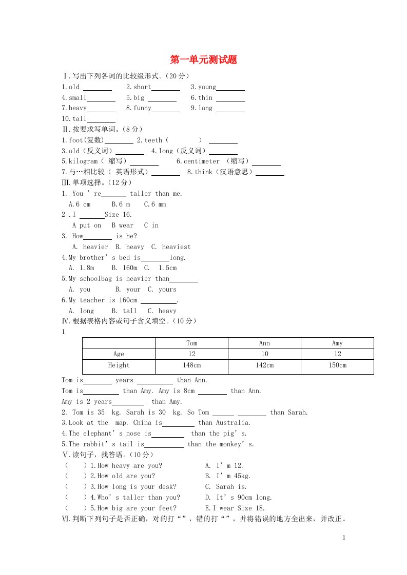 2023六年级英语下册Unit1Howtallareyou单元综合测试人教PEP