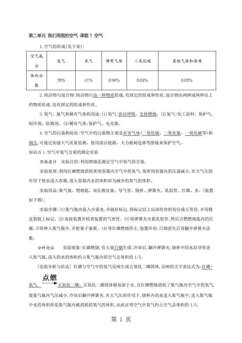 九年级上学期化学备课资料：第二单元